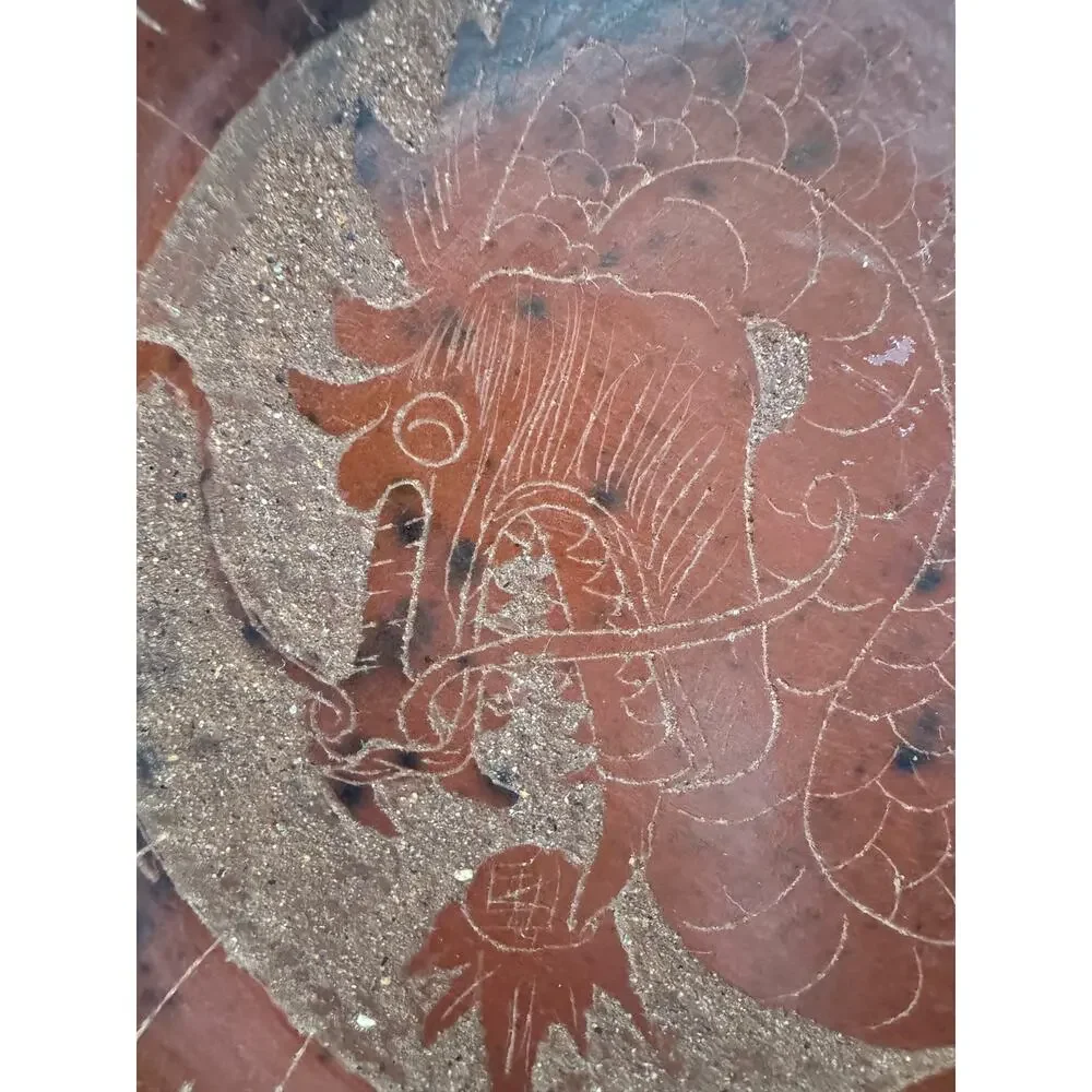 Vintage Indonesian Red Ware Etched Dragon Dish 7.5”